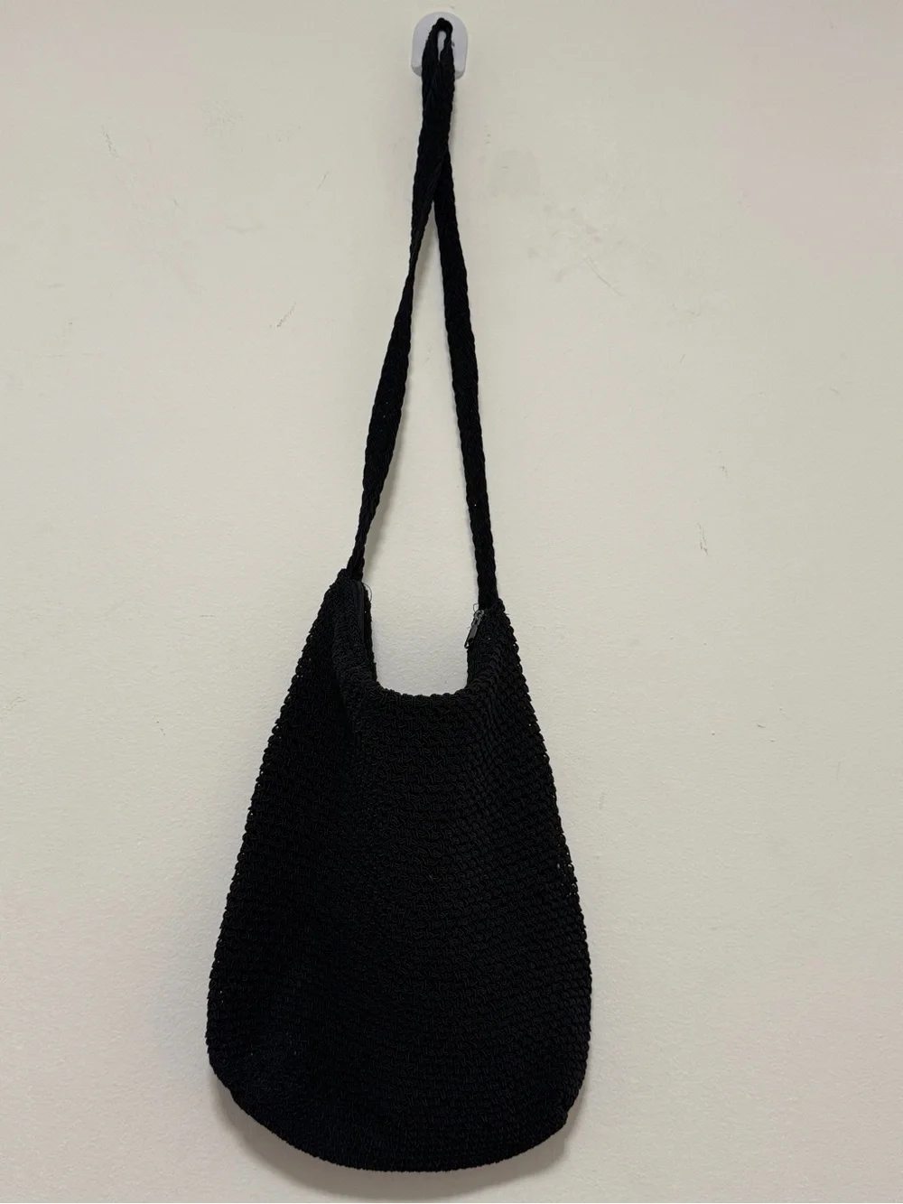 Black Crochet Knit Shoulder Bag Boho Beach Hobo Slouchy Tote Zip Closure 10x12x4